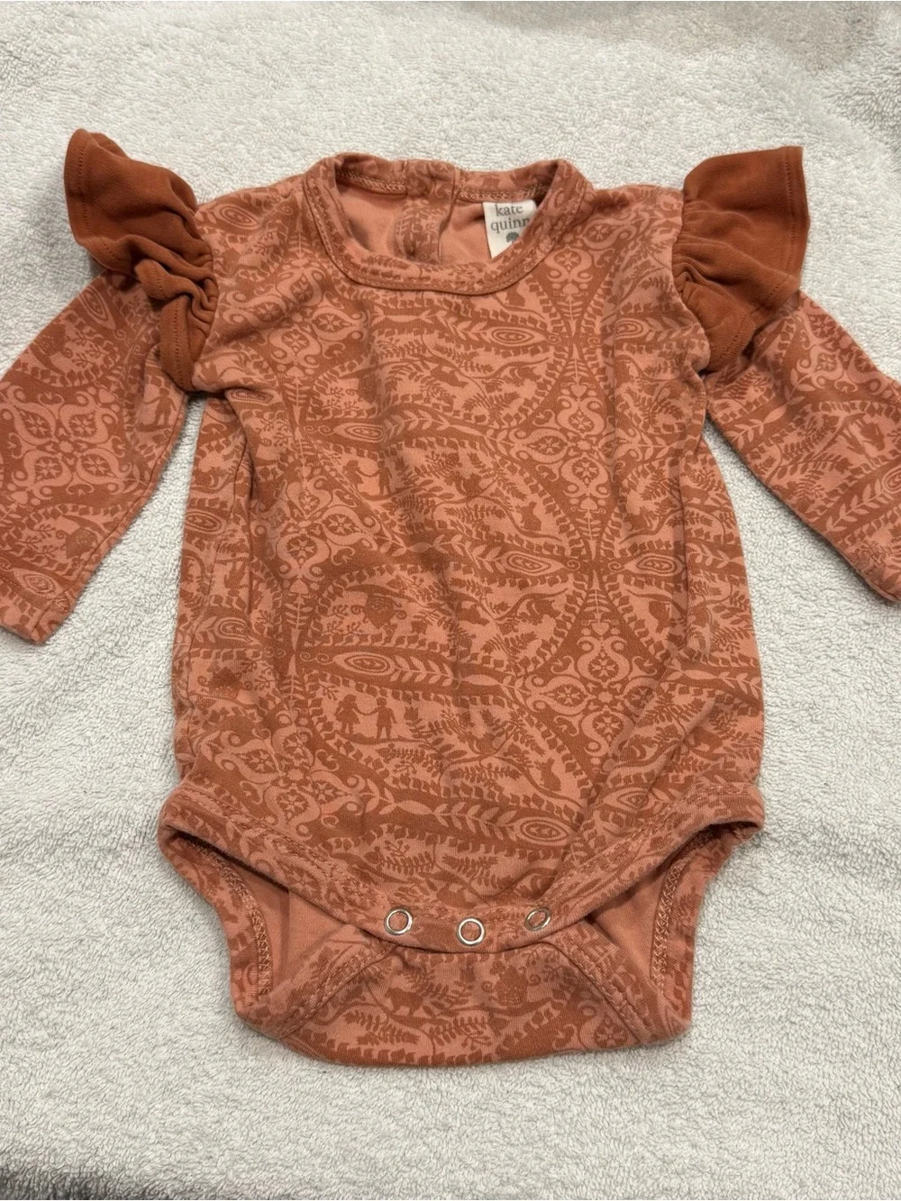 kate quinn Rust Floral Paisley Ruffle Baby One-Piece 6-12 month organic cotton